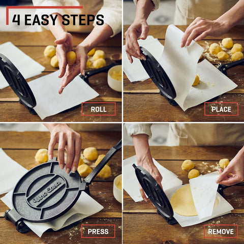 Prensa Uno Casa para empanadas y arepas, formato circular.