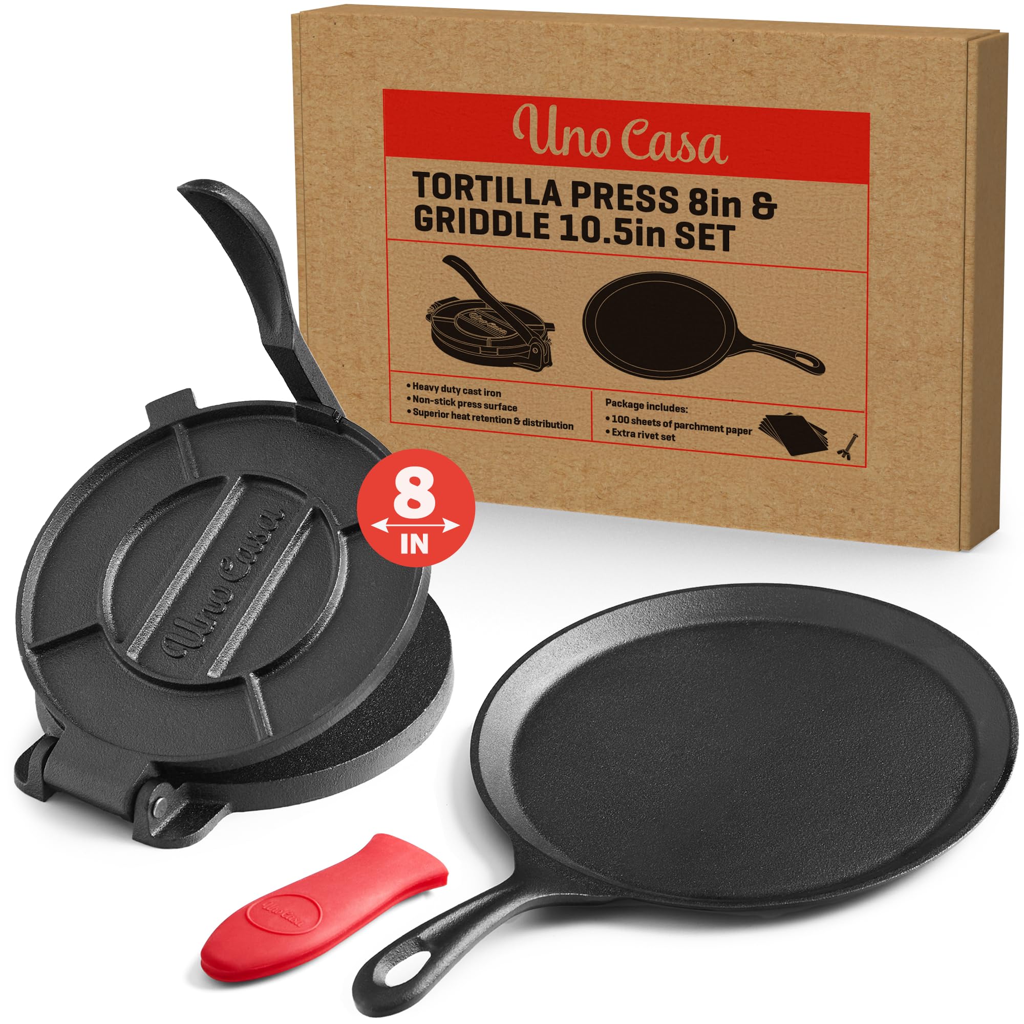Prensa Uno Casa para tortillas de 8 pulgadas para preparaciones rápidas.