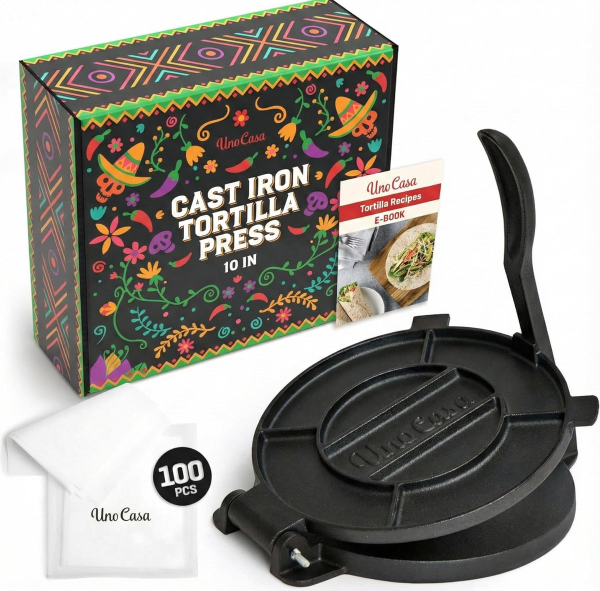 Prensa Uno Casa de hierro fundido para tortillas con disco de 10 pulgadas.