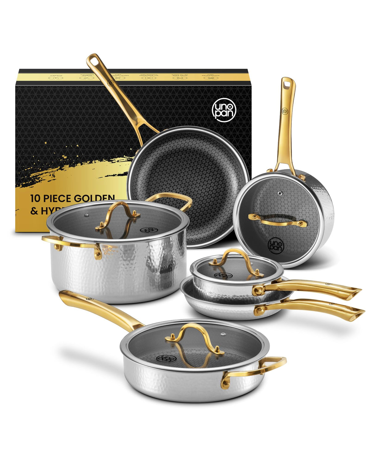 UNOPAN sarten 8 pulgadas, oro martillado, antiadherente para cocinar con menos aceite