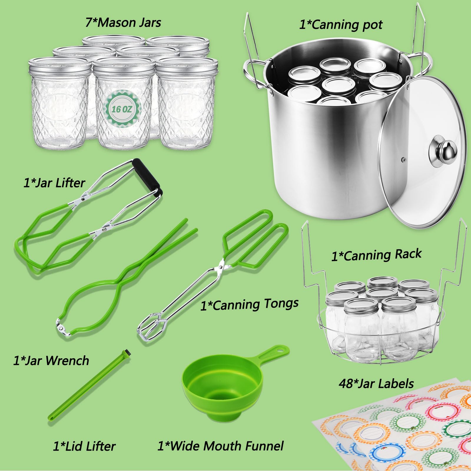 UONMAY tarros Mason de 16oz, conjunto de siete para conservar