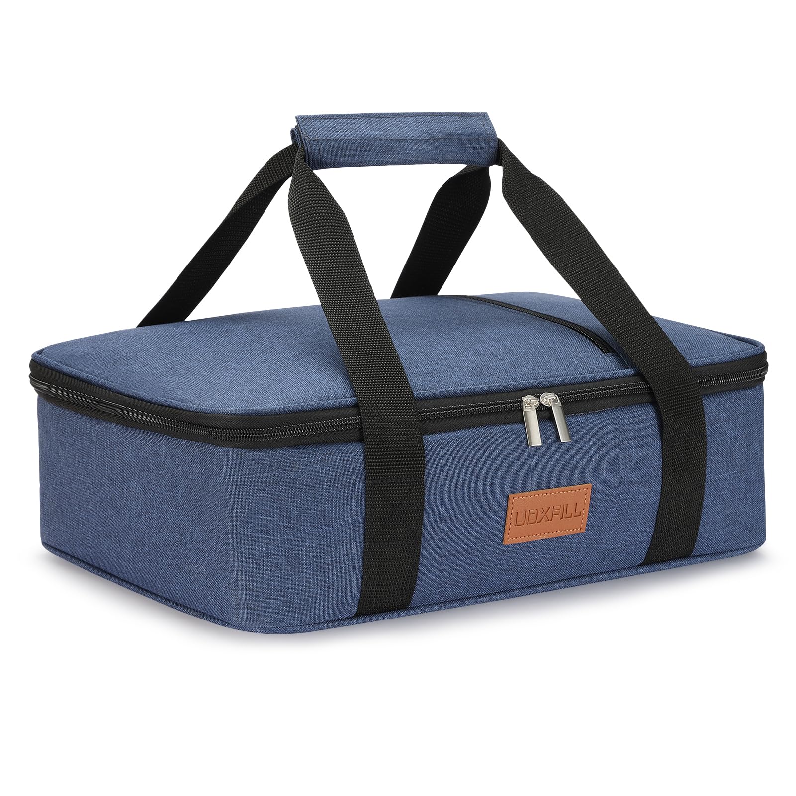 Bolsa térmica Uoxfill exterior en azul marino para transporte seguro de comidas.