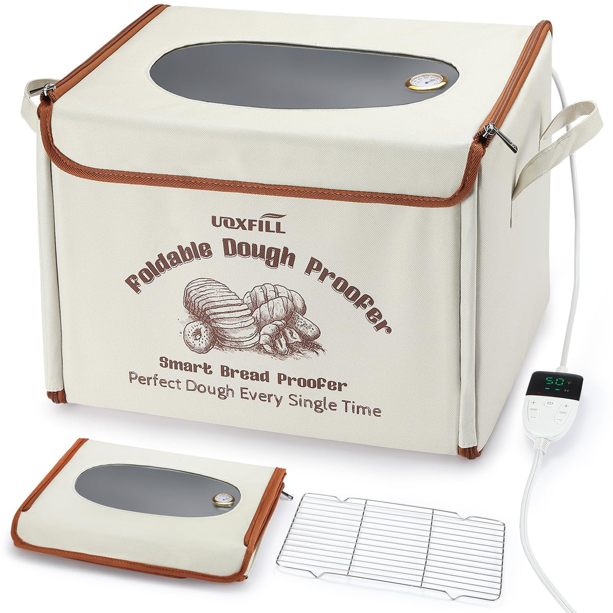 Uoxfill Caja de fermentación plegable, vista frontal, ideal para monitorizar masas sin abrir.