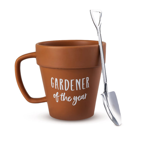 Taza jardinero con pala de Upper Midland Products lista para empezar el día con café