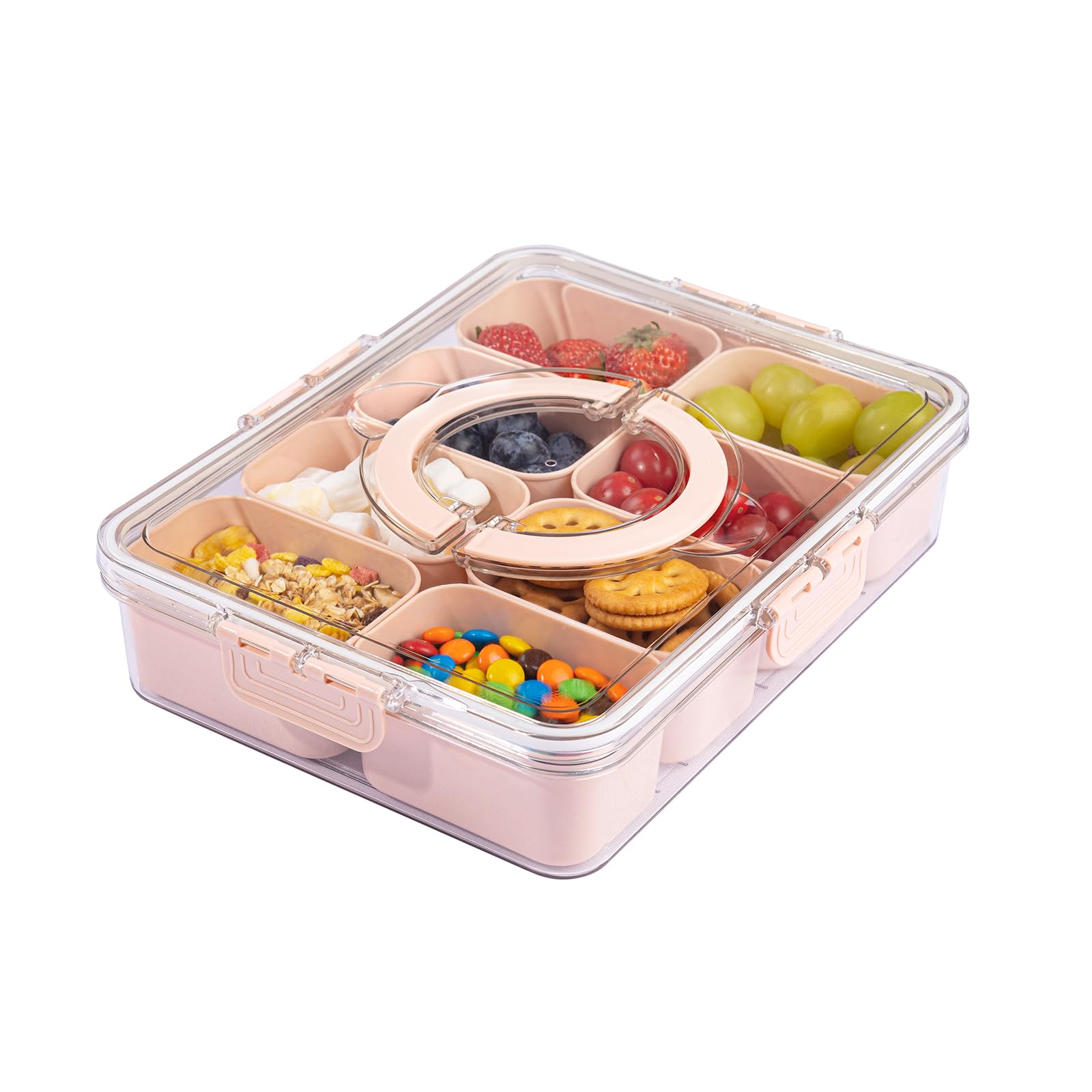 Caja Snackle Box de U-QE con 8 compartimentos rosa y tapa, ideal para meriendas.