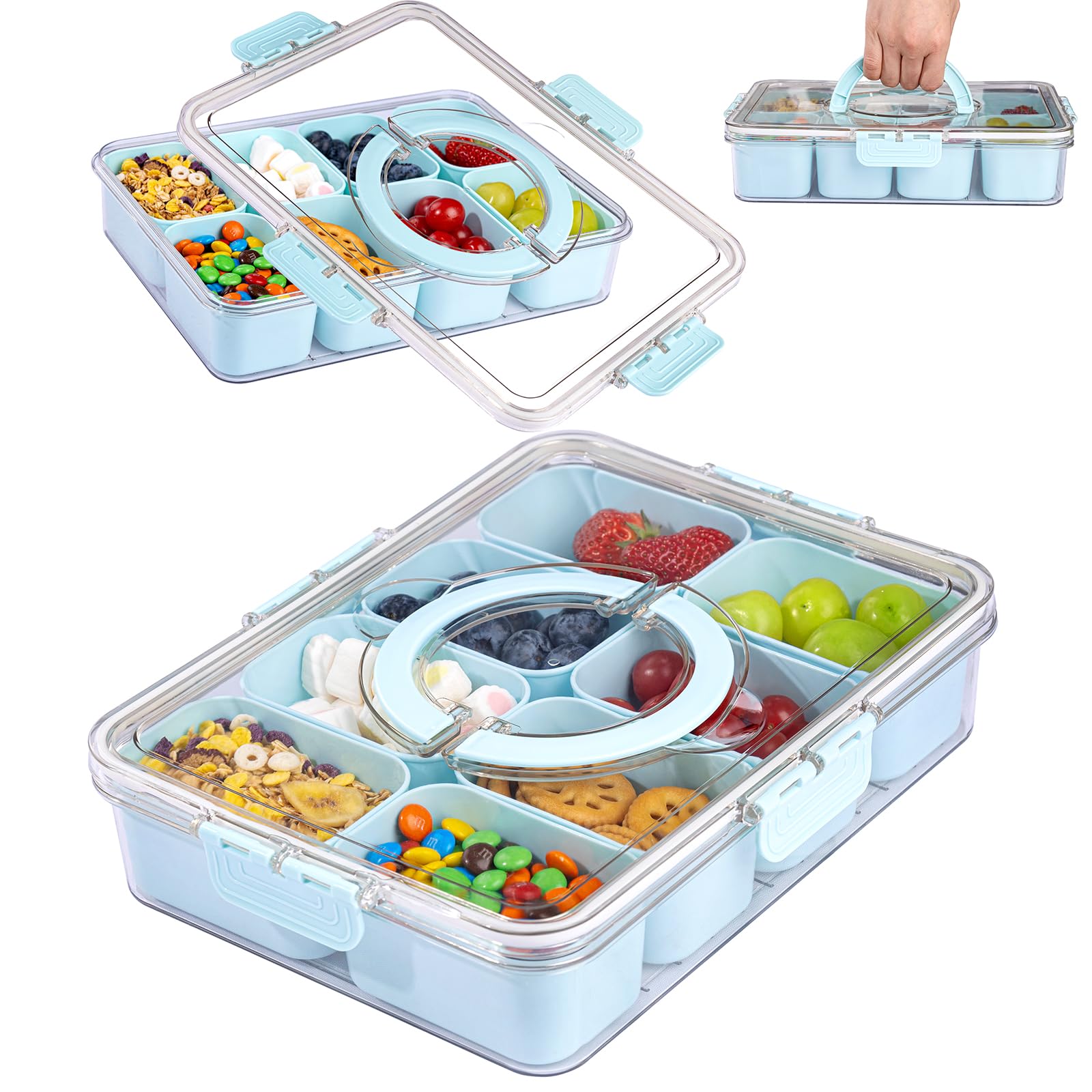 Caja Snackle U-QE con bandeja dividida de 8 porciones para organizar snacks