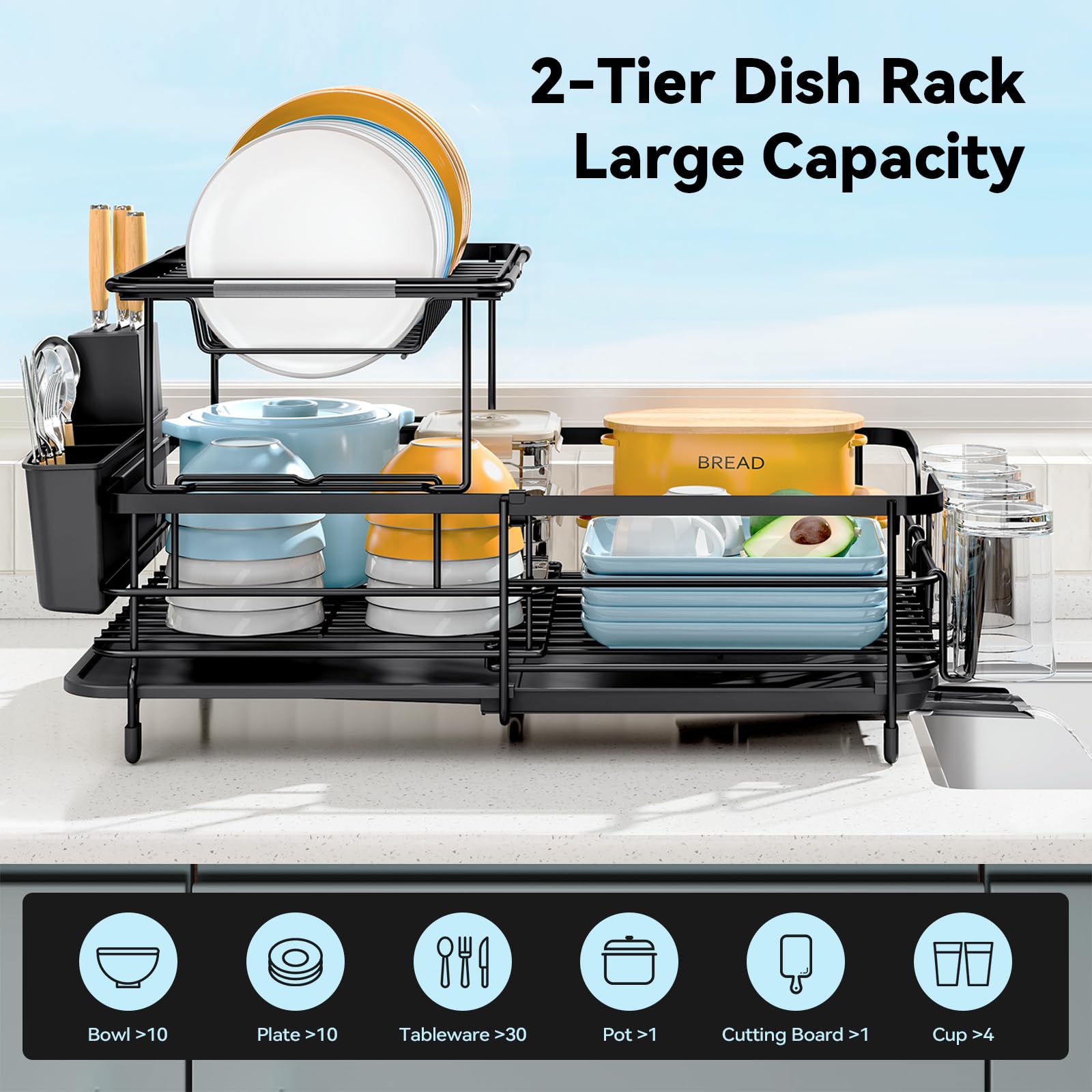Urackify escurridor gran-capacidad, espacio para platos, cuencos y tazas.