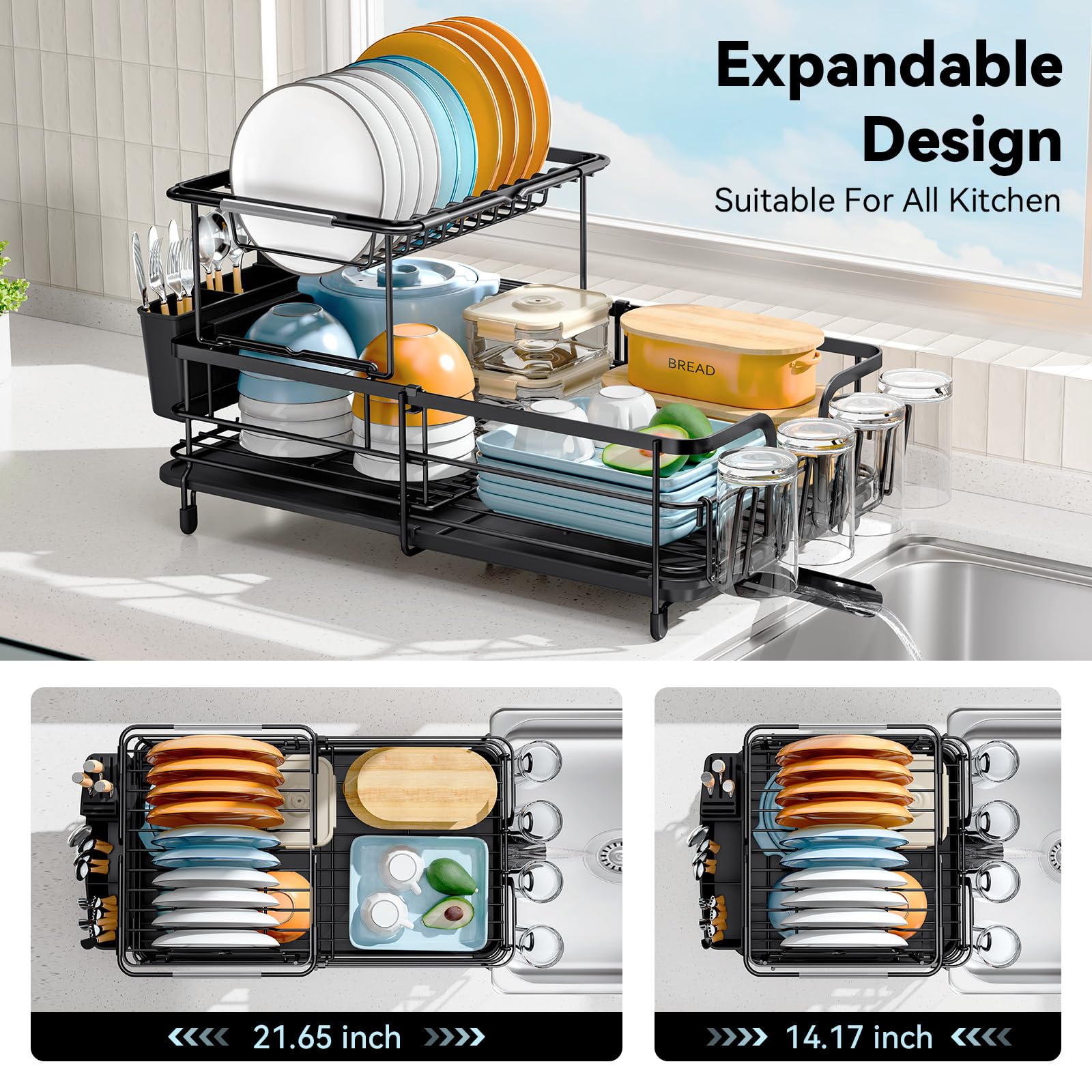 Urackify escurridor tapa-superior, muestra uso encimado para platos tras la cena.