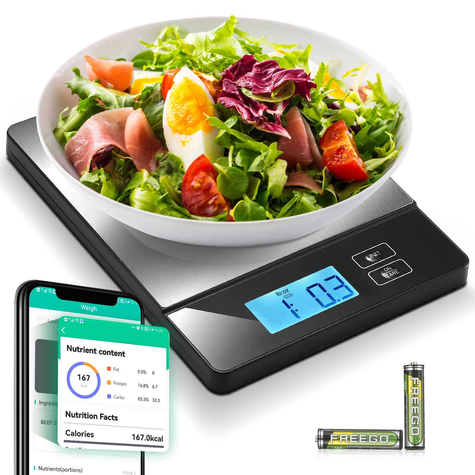 URAMAZ Balanza inteligente, vista frontal, control preciso de porciones en la cocina