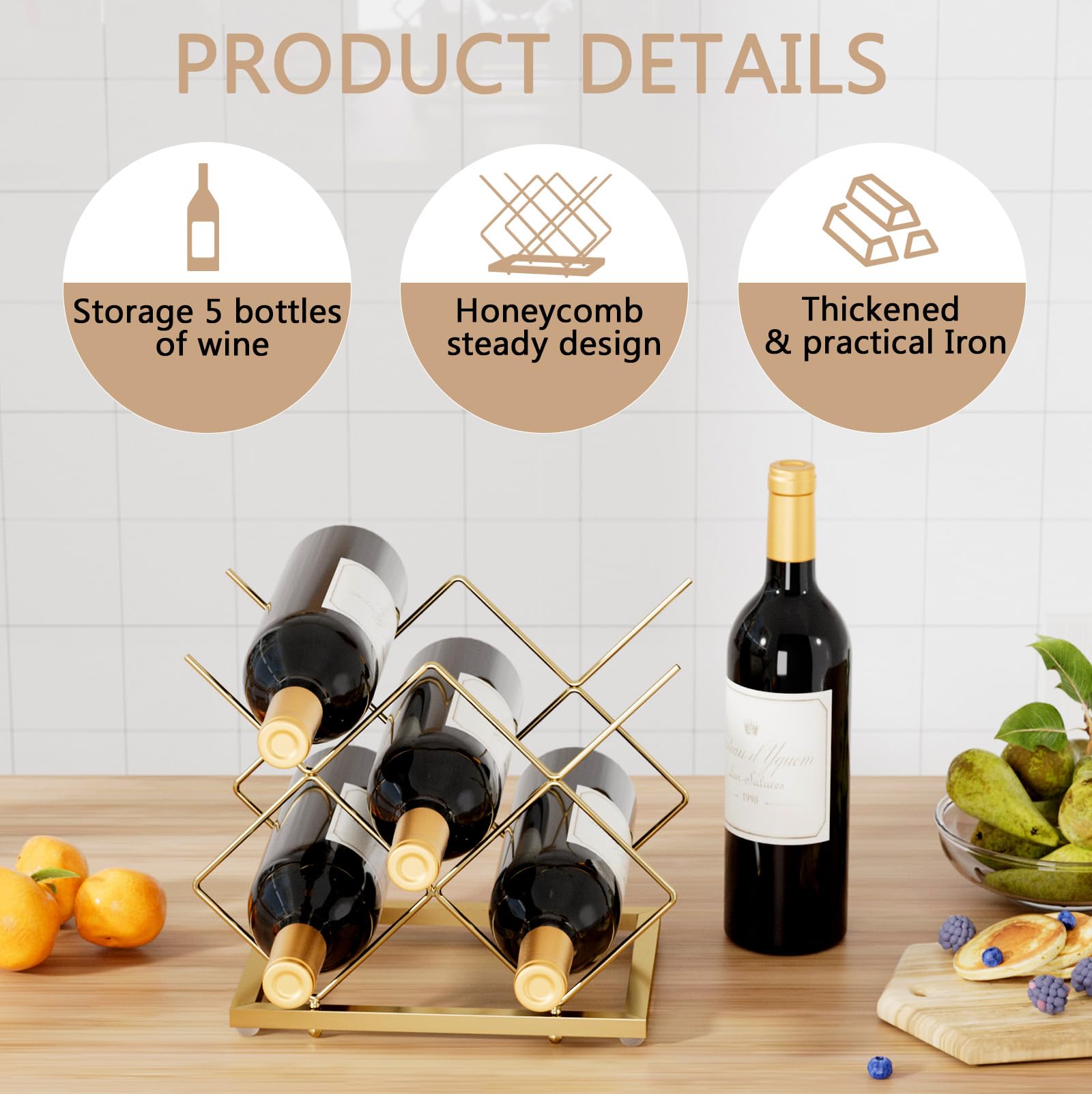 Urban Deco portabotellas de oro para 5 botellas en encimera, ahorro de espacio