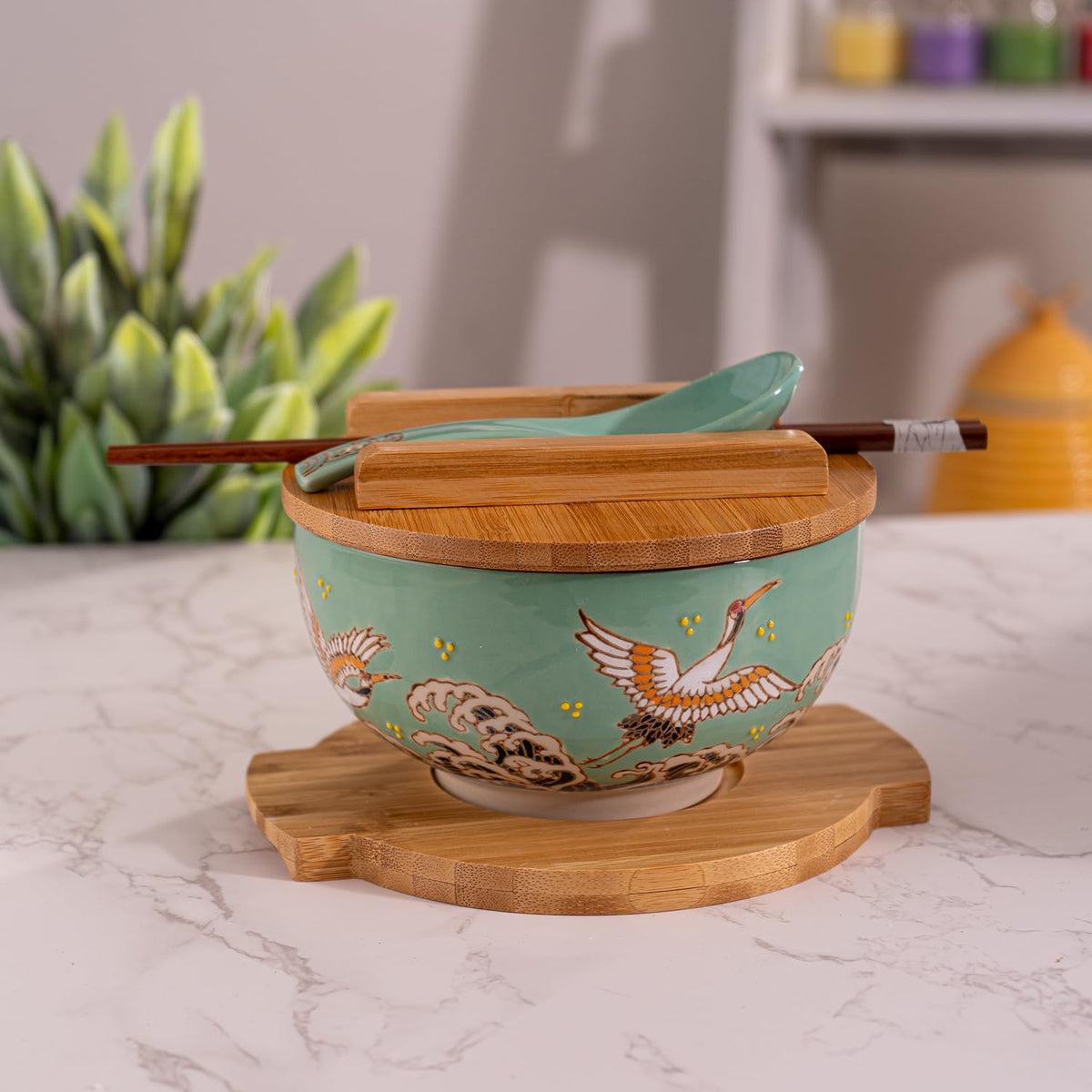 Urban Tokyo tazón cerámico con diseño de grulla japonesa, ideal para ramen y pho