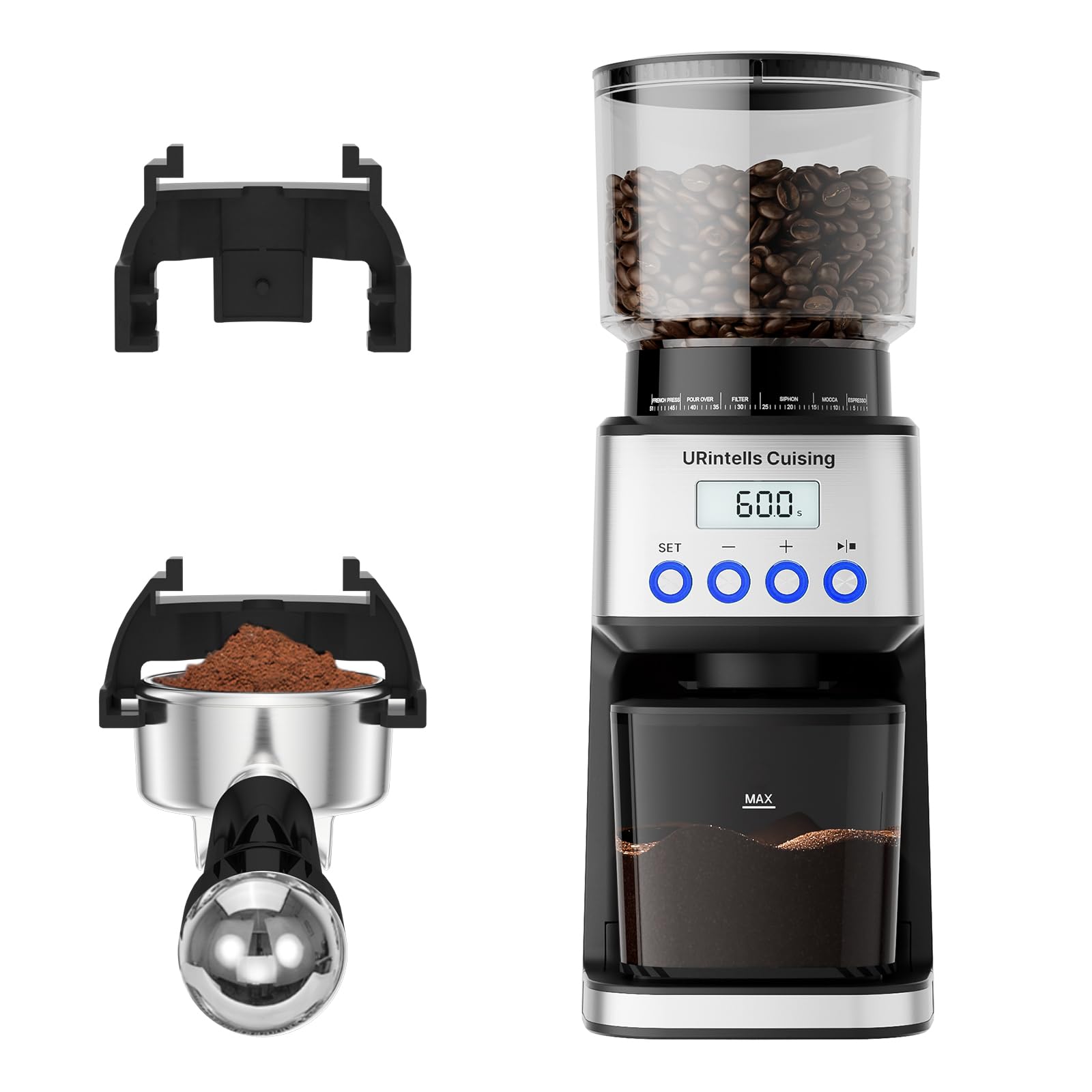 URintells Cuising molinillo espresso con 51 ajustes de molienda para precisión diaria.