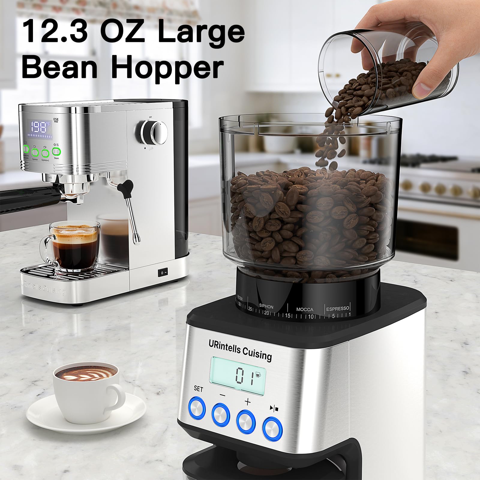URintells Cuising molinillo espresso diseño antiestático para menos derrames.