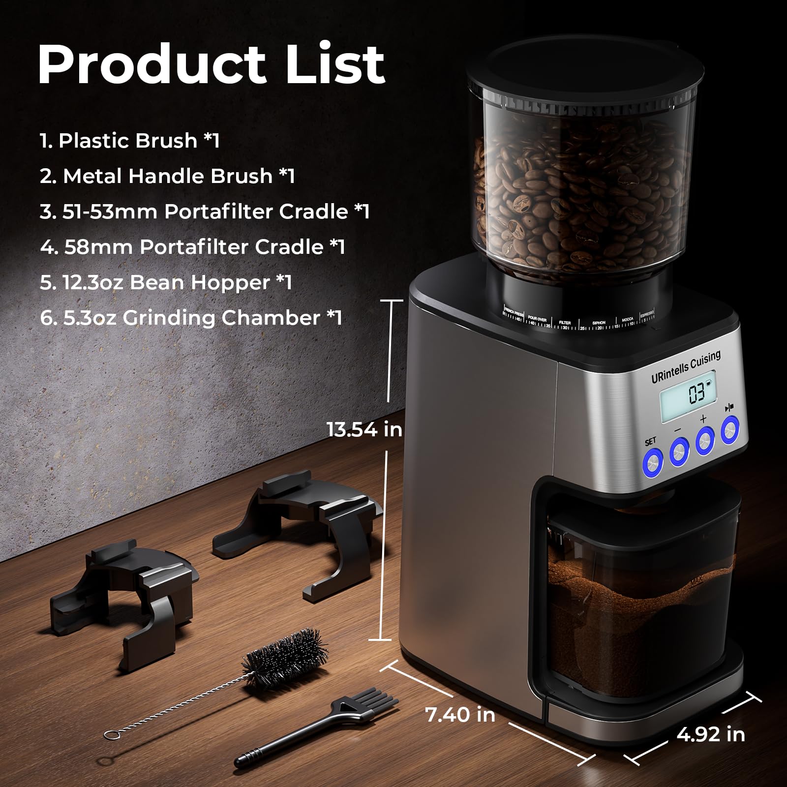 URintells Cuising molinillo espresso compatible con portafiltros 51–58 mm para mayor versatilidad.
