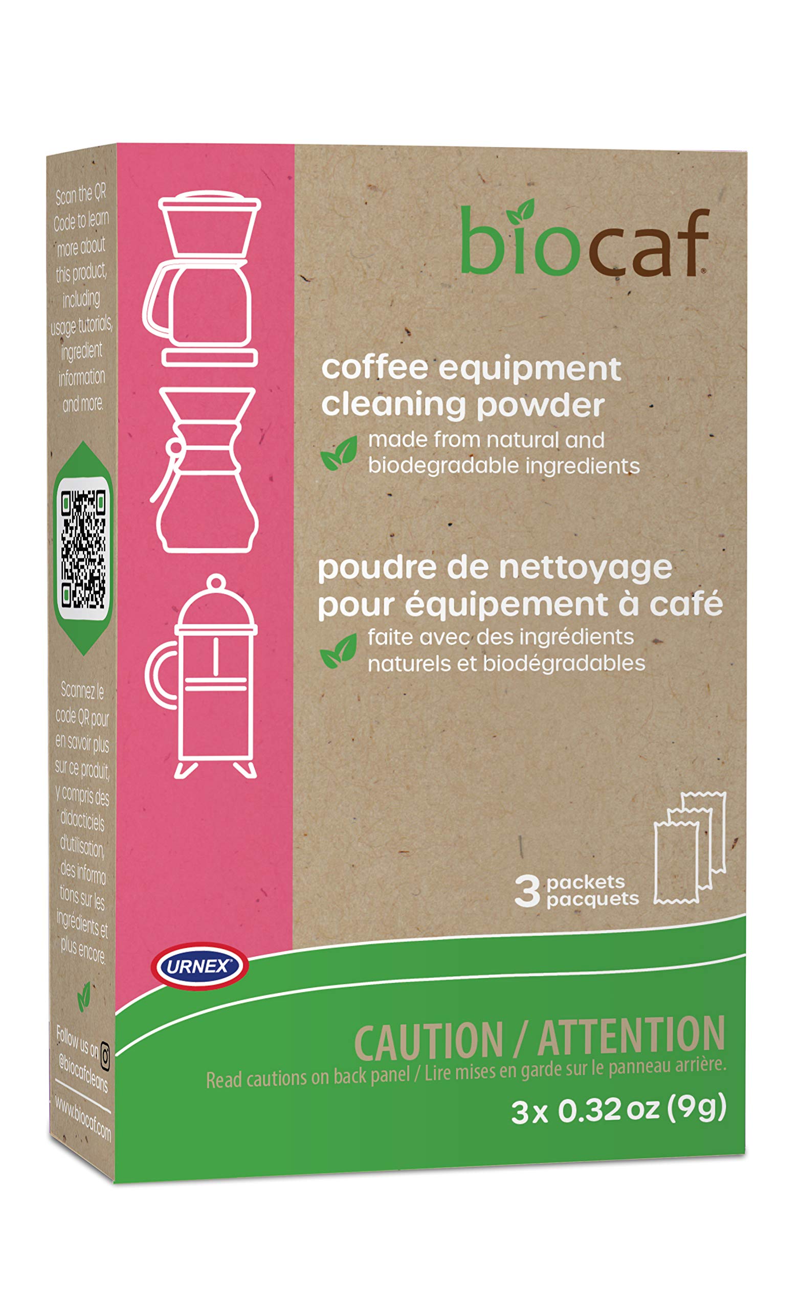 Urnex Biocaf limpiador para cafetera, tres sobres, elimina aceites para un sabor más limpio