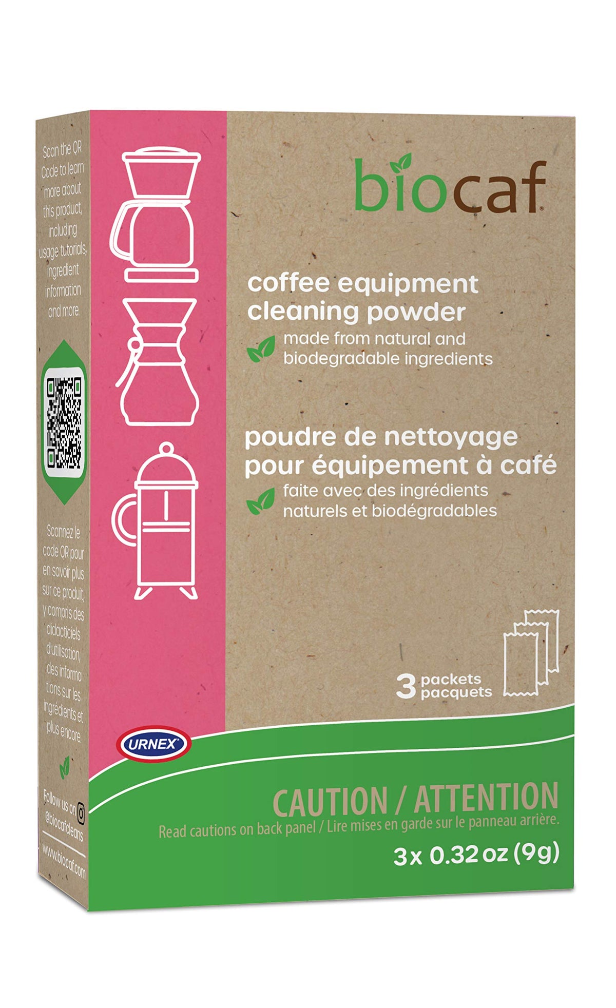 Urnex Biocaf limpiador para cafetera, tres sobres, elimina aceites para un sabor más limpio