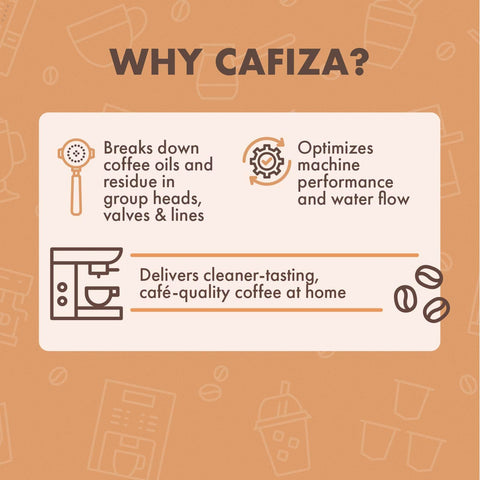 Cafiza en envase abierto, dosificación fácil para limpieza rápida de espresso.