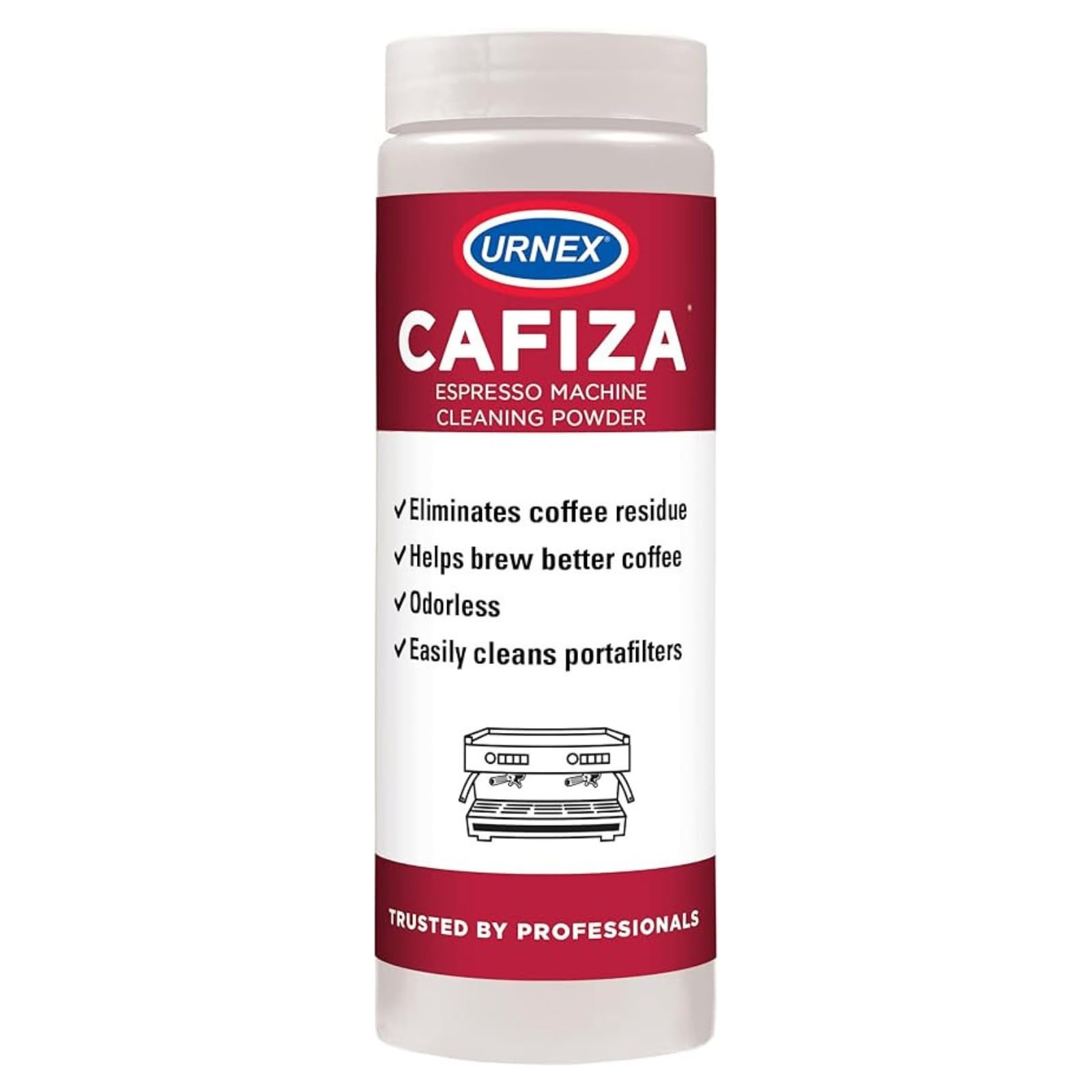 Urnex Cafiza polvo limpiador para máquinas expreso, limpia cabezales y líneas para extracción más limpia.