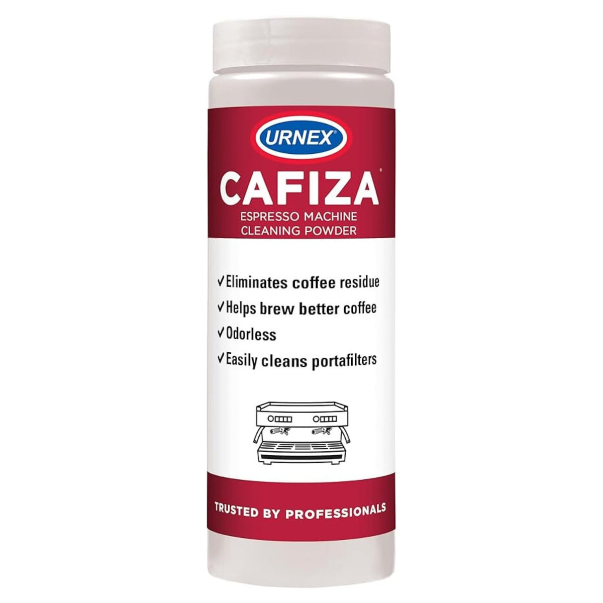 Urnex Cafiza polvo limpiador para máquinas expreso, limpia cabezales y líneas para extracción más limpia.