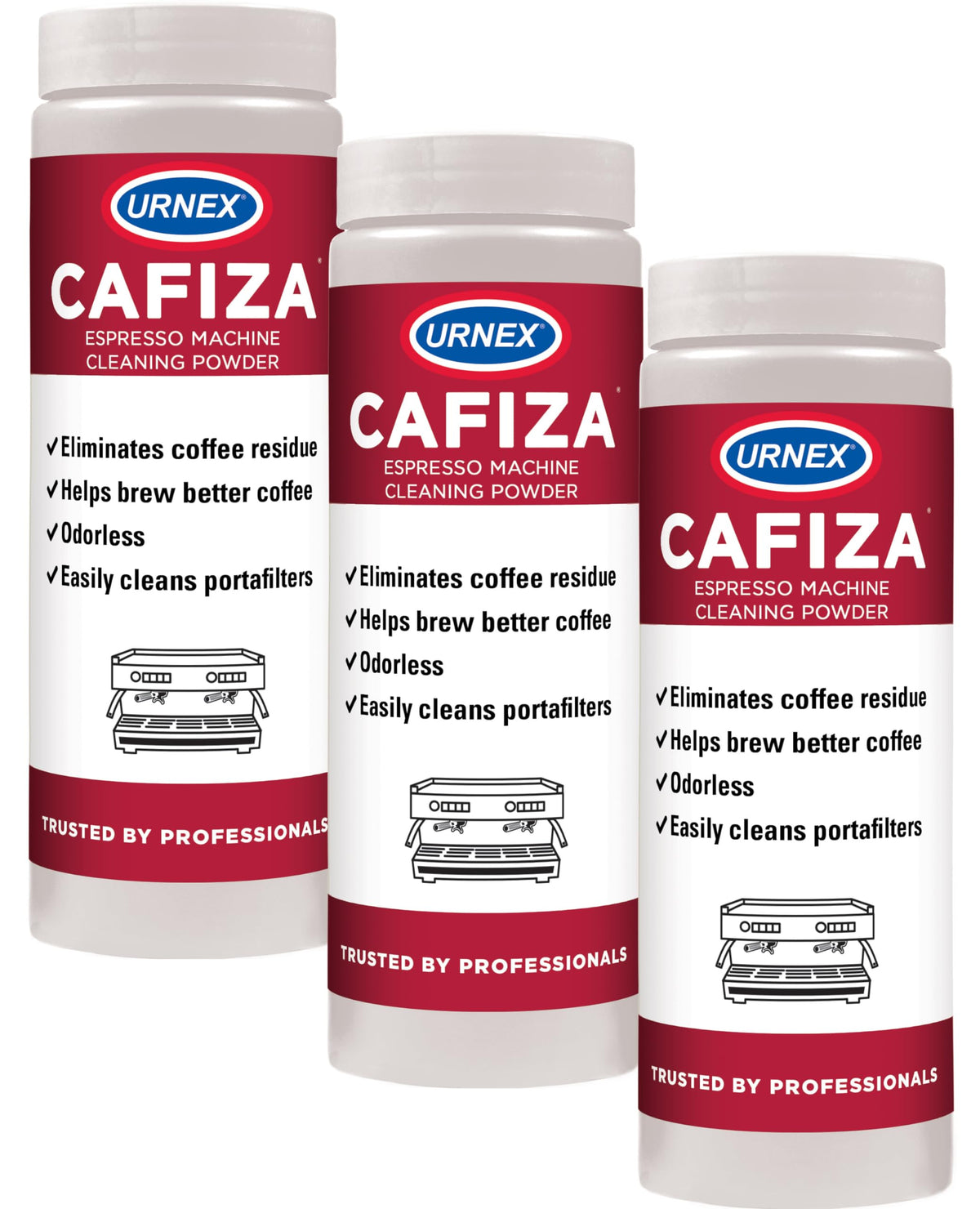 Urnex Cafiza, polvo de limpieza para espresso, 566 g, tres paquetes, uso profesional.