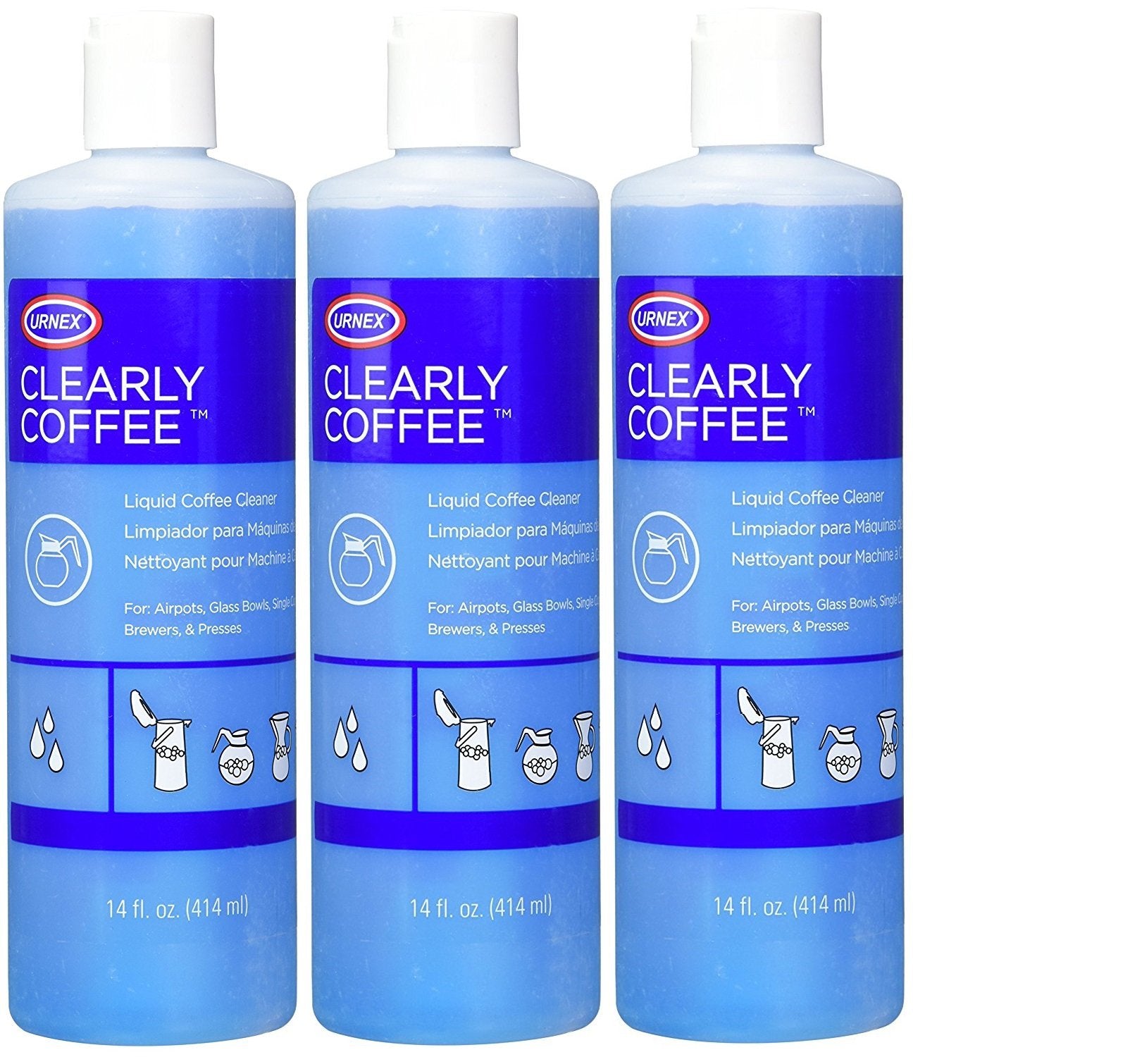 Urnex Clearly limpiador de cafetera, botella para eliminar aceites de café.