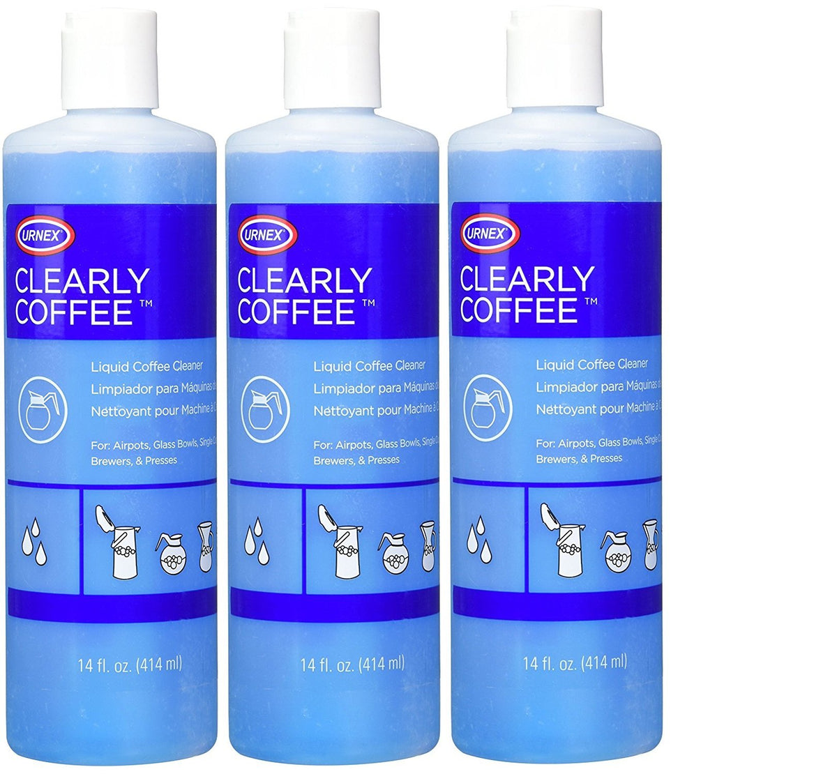 Urnex Clearly limpiador de cafetera, botella para eliminar aceites de café.
