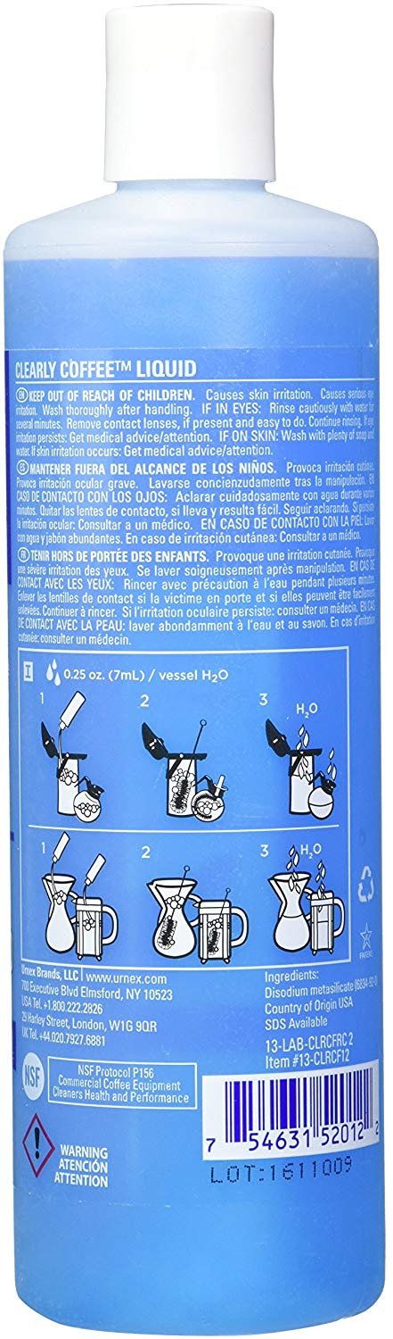 Urnex Clearly limpiador de cafetera, recipientes de vidrio para una limpieza profunda.