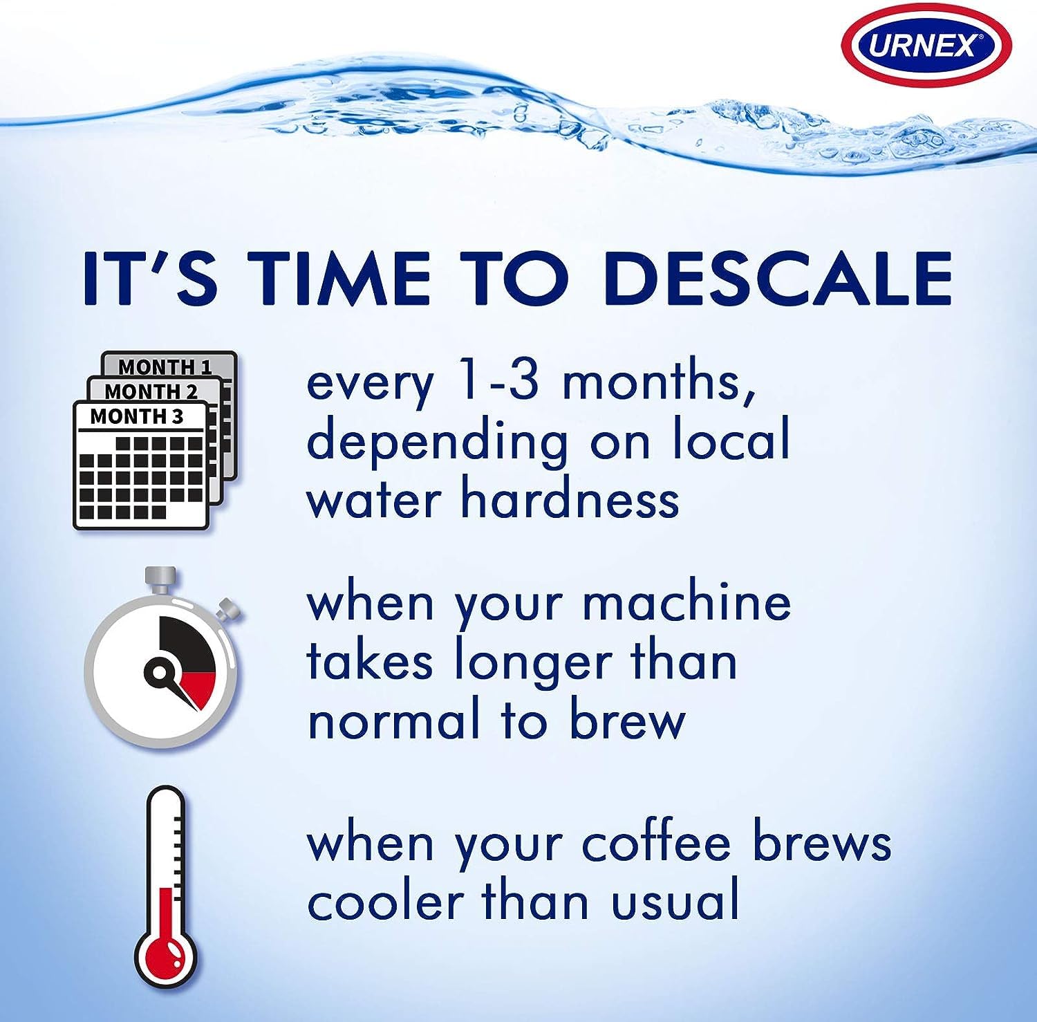 Urnex Desincrustante en polvo para Keurig, ayuda a mantener temperaturas consistentes.
