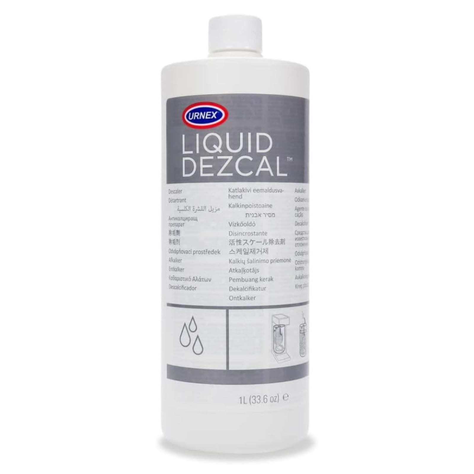 Urnex Dezcal: botella de 33,6 oz lista para eliminar depósitos en cafeteras.