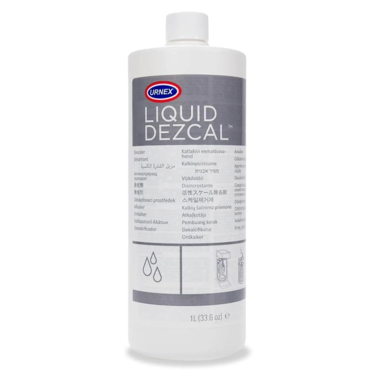 Urnex Dezcal: botella de 33,6 oz lista para eliminar depósitos en cafeteras.