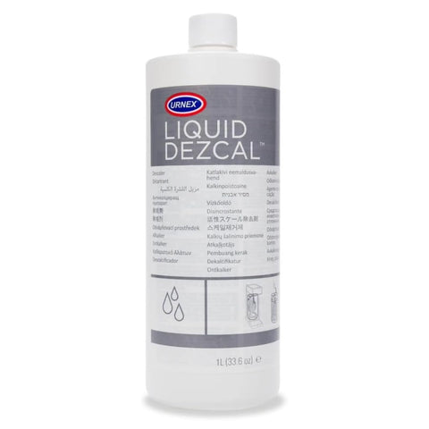 Urnex Dezcal: botella de 33,6 oz lista para eliminar depósitos en cafeteras.