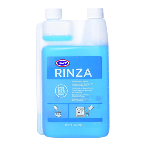 Urnex Rinza con botella de dos cámaras y medidor para dosis precisas.