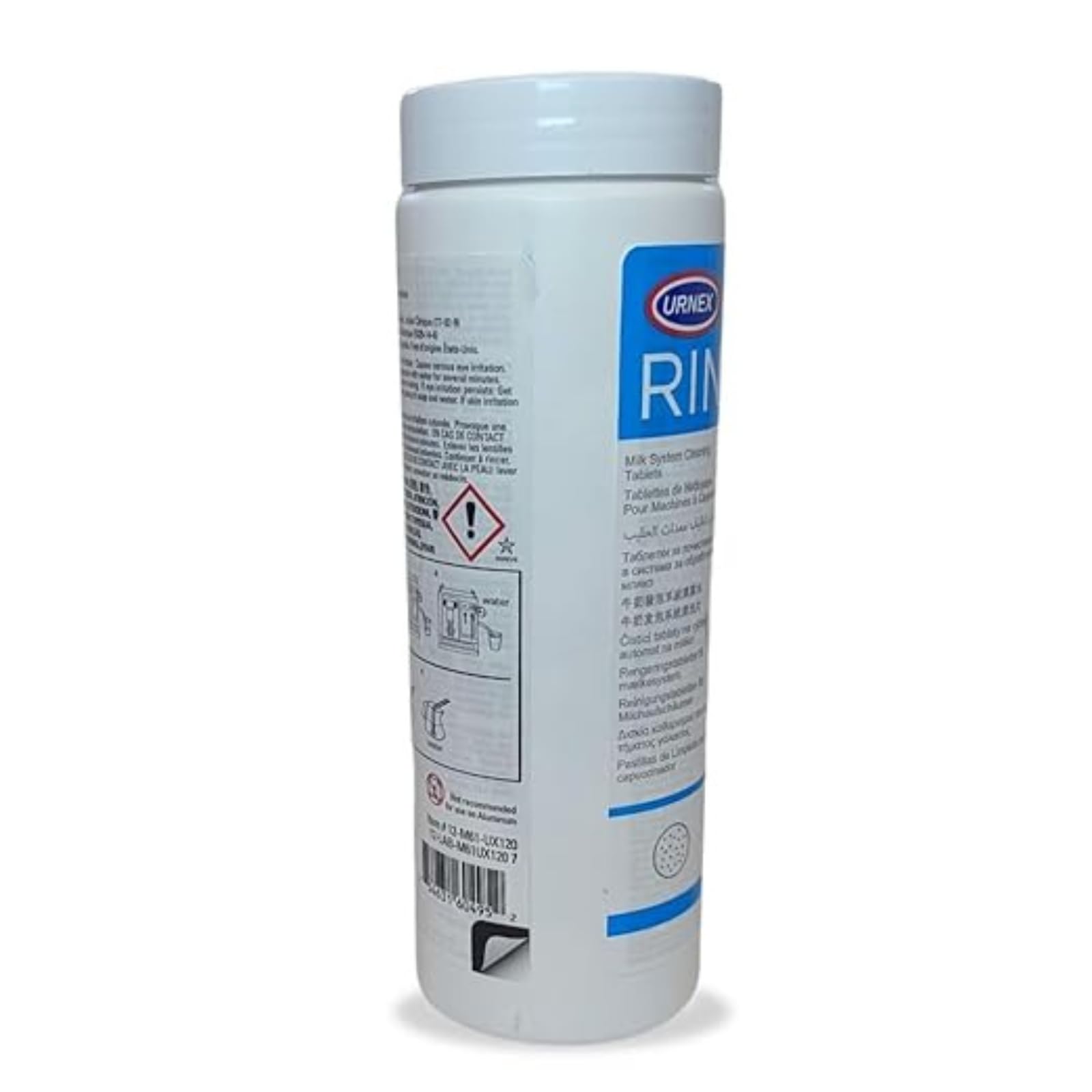 Urnex Rinza M90: inmersión de componentes del espumador para limpieza eficaz.