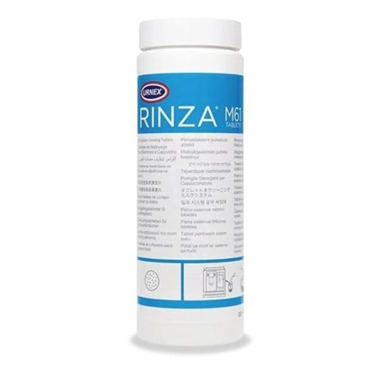 Urnex Rinza: tableta para limpieza de leche, elimina residuos en sistemas de vapor.