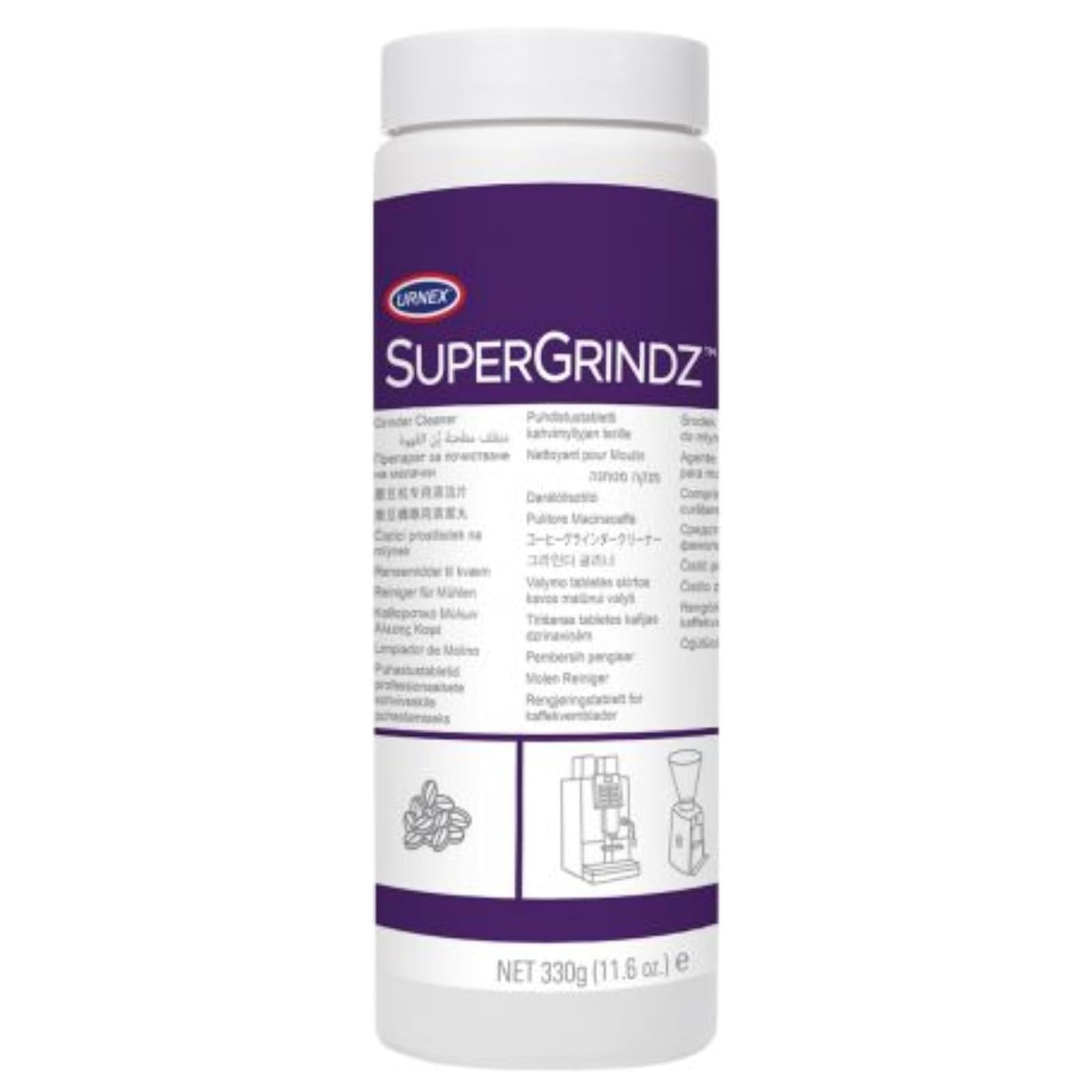 Urnex SuperGrindz fórmula hidrofóbica para uso seguro en máquinas y molinillos.