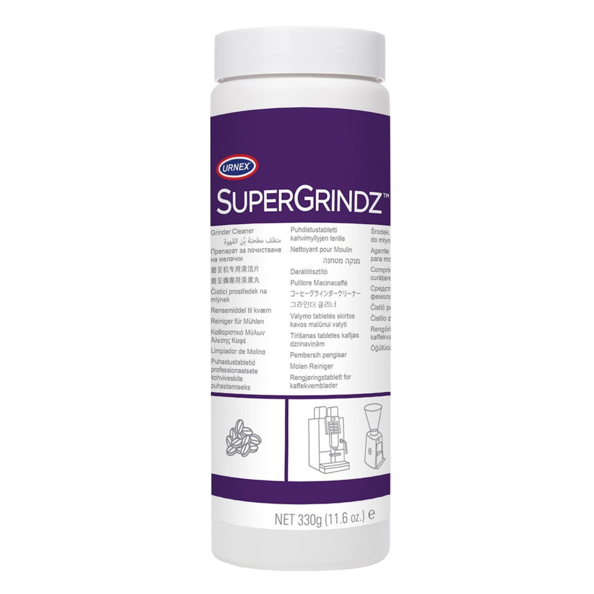 Urnex SuperGrindz limpiando las muelas del molinillo para eliminar residuos.