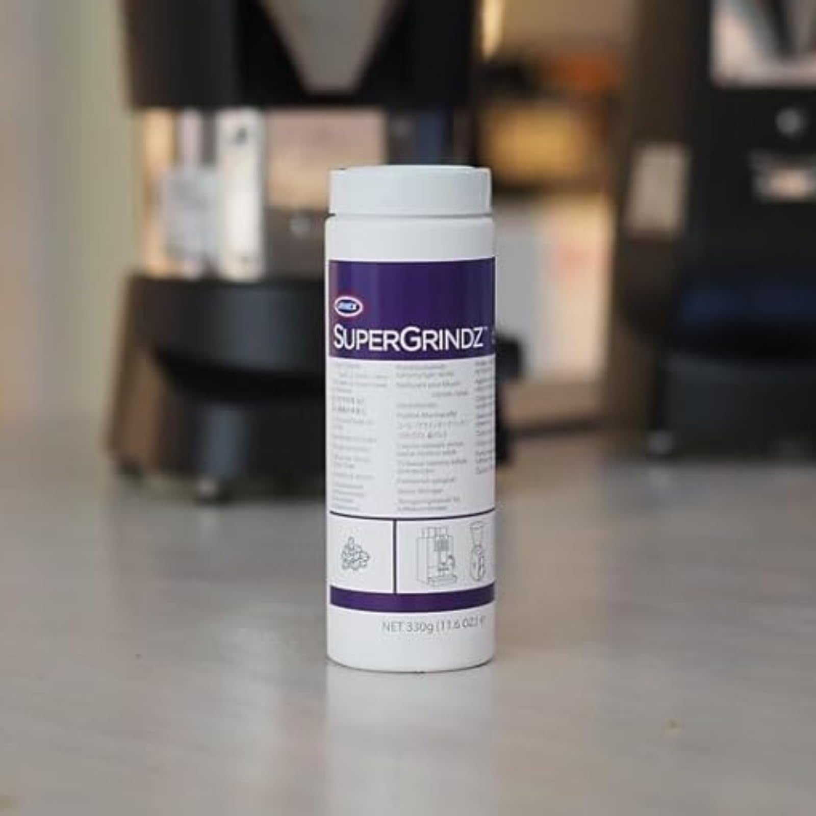 Urnex SuperGrindz envase de 330 g facilita medir y almacenar.