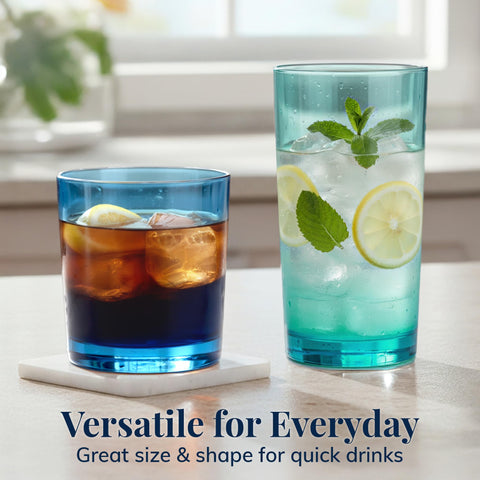 Colores costeros de US Acrylic en azul y gris para mesa elegante.