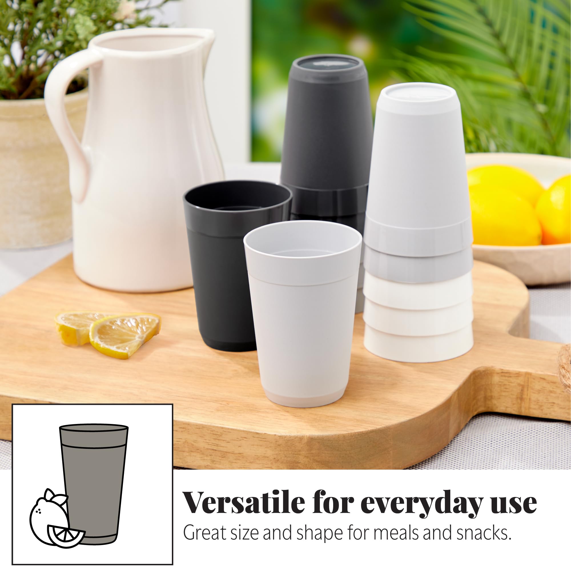 Conjunto de 12 vasos Newport apilables para ahorro de espacio.