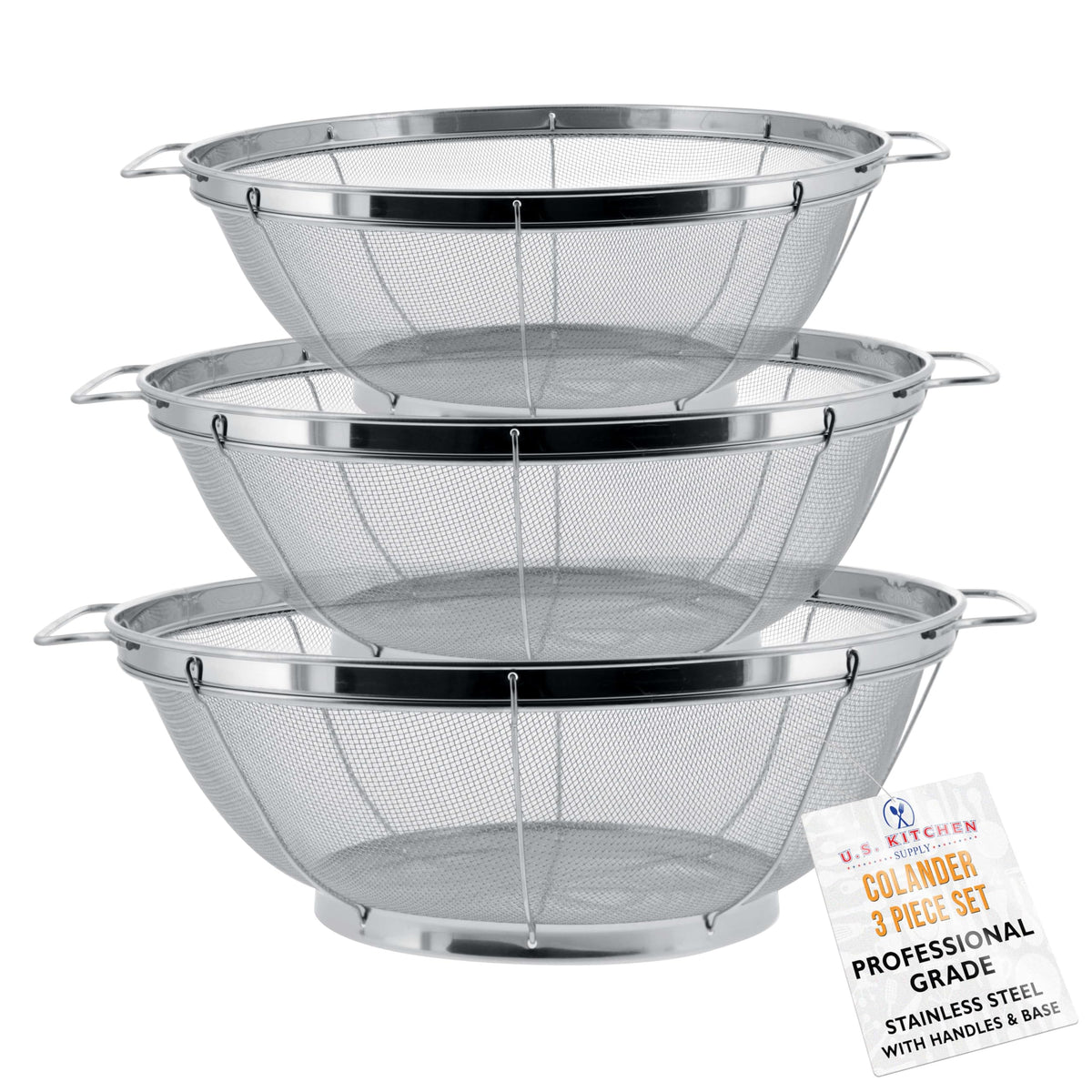 US Kitchen Supply: conjunto de coladores de acero inoxidable en tres tamaños para escurrir ingredientes