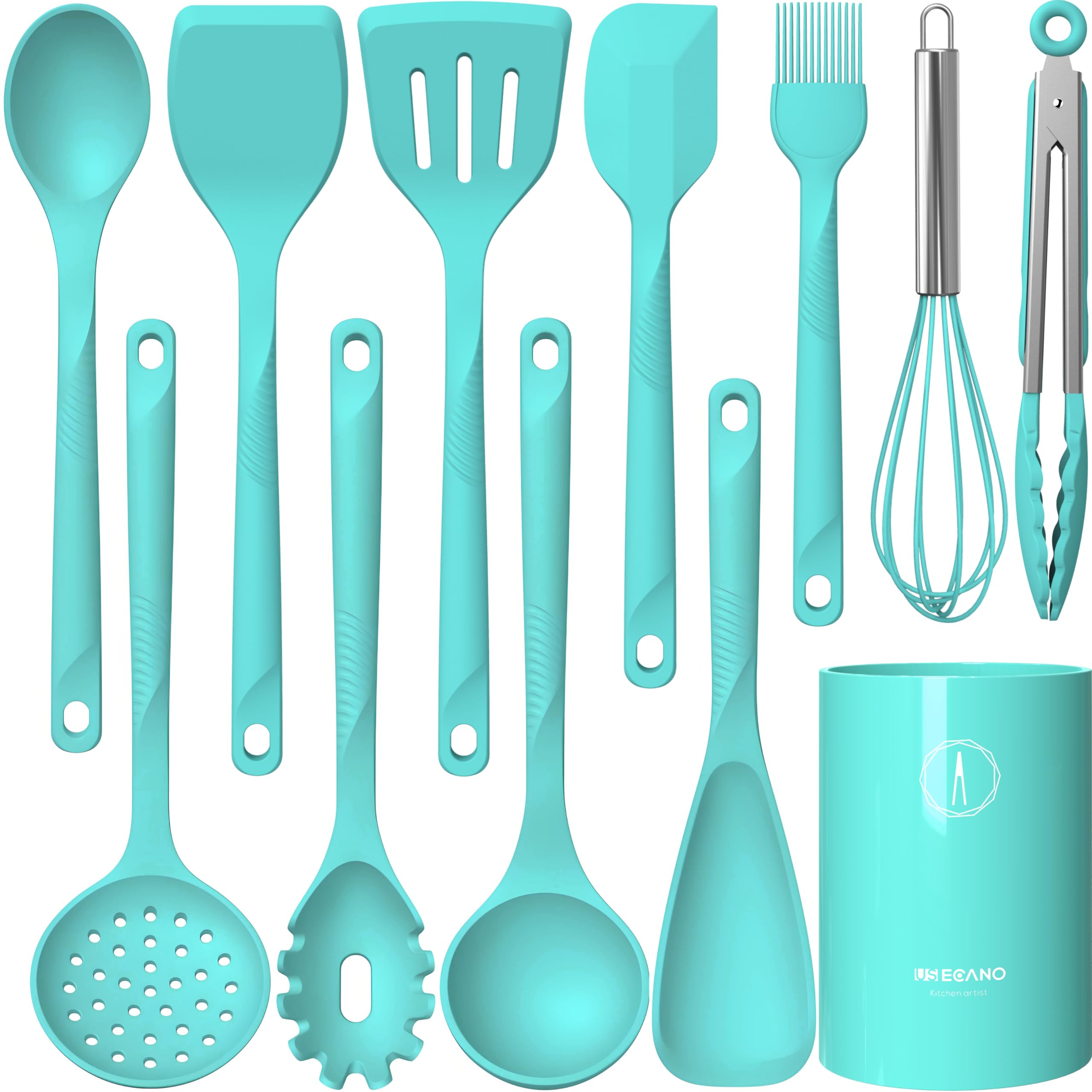USECANO: juego de utensilios de silicona turquesa para cocinar sin rayar sartenes antiadherentes