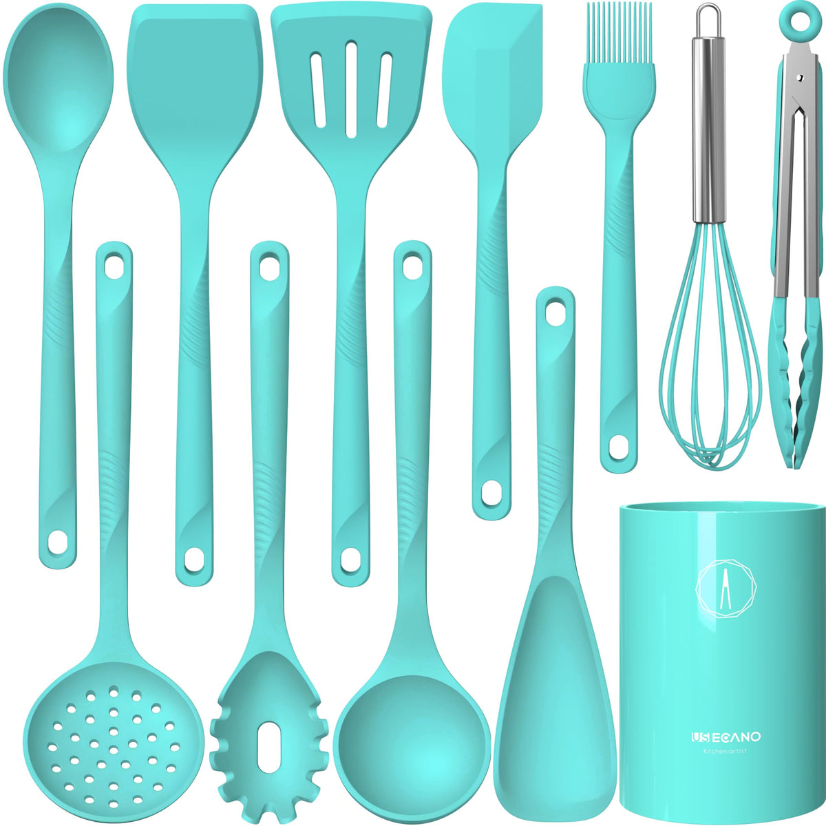 USECANO: juego de utensilios de silicona turquesa para cocinar sin rayar sartenes antiadherentes