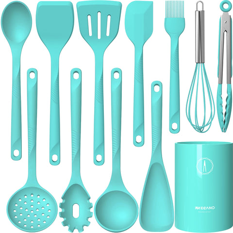 USECANO: juego de utensilios de silicona turquesa para cocinar sin rayar sartenes antiadherentes