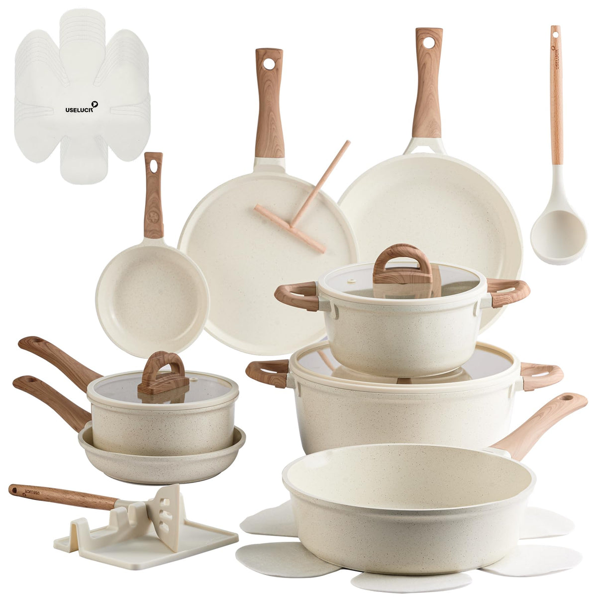 USELUCK juego 22 piezas crema granito, ollas y sartenes antiadherentes para cocina diaria