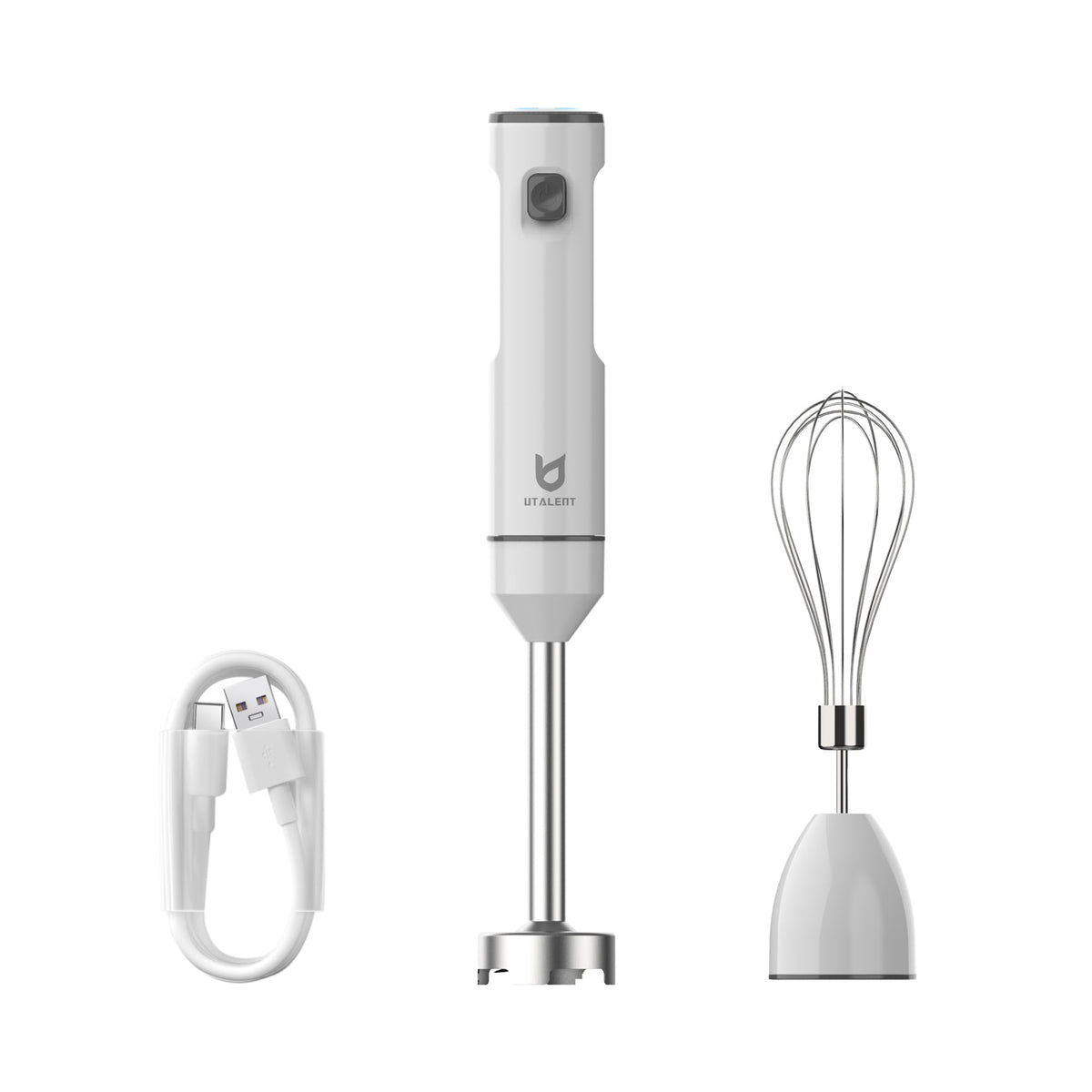 Batidora de mano UTALENT sin cables, vista frontal para uso diario en la cocina.