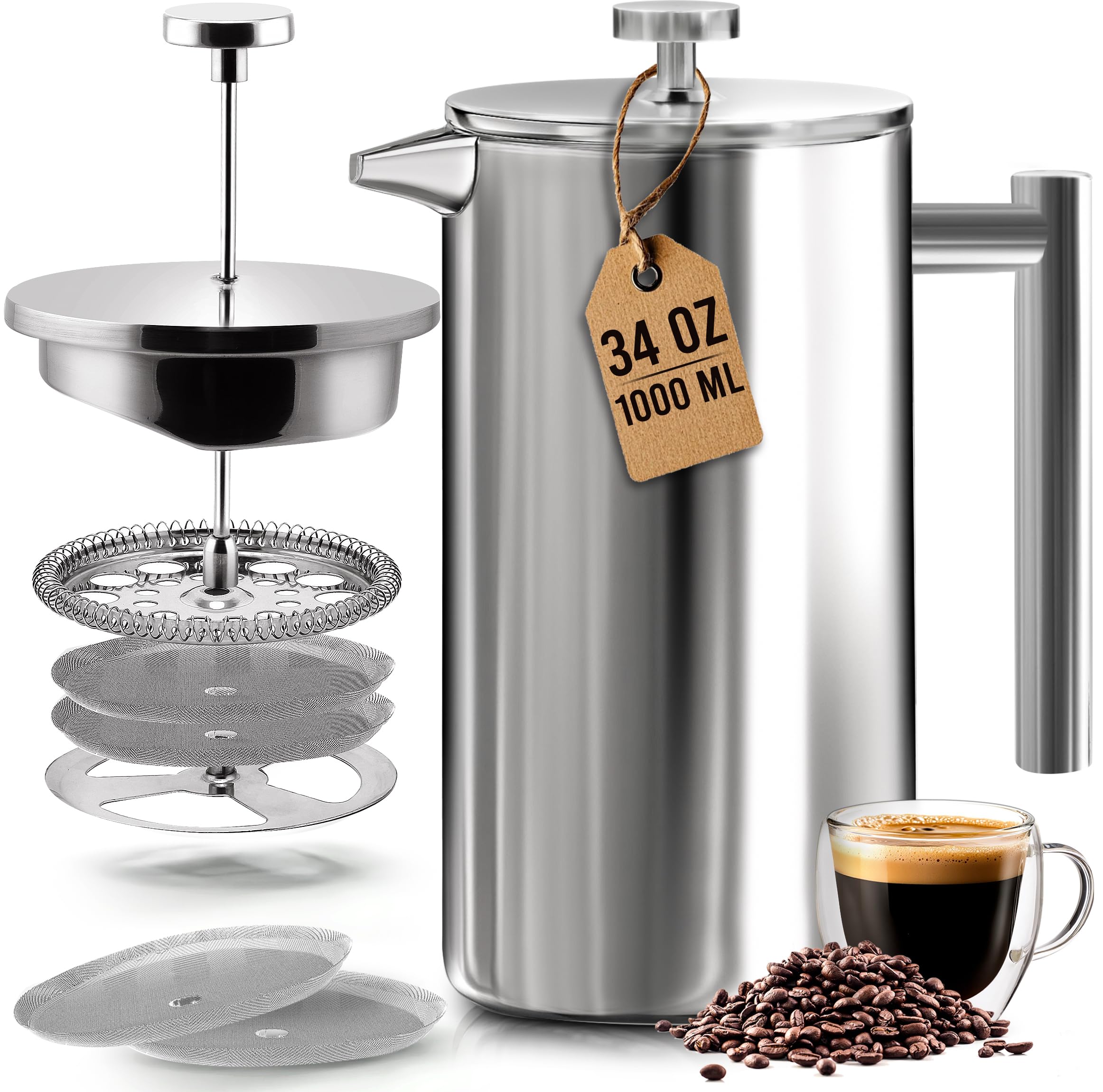 Prensa Francesa Utopia Kitchen en acero 304, mantiene el café caliente y sabroso.