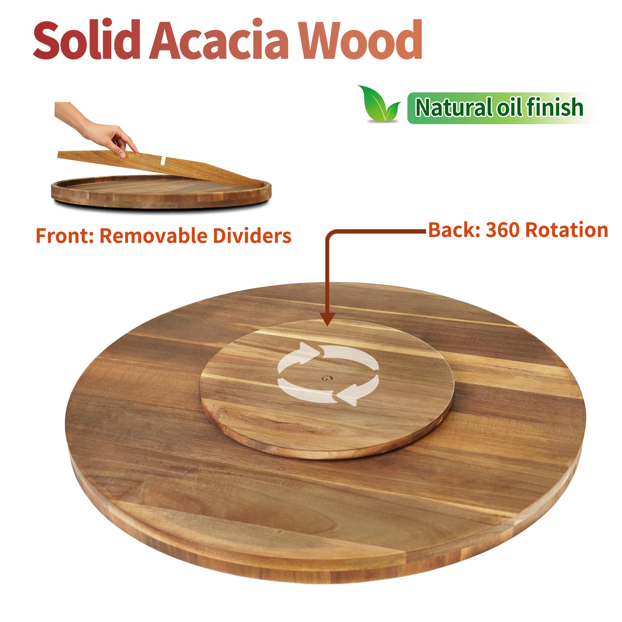 Borde elevado de la bandeja de acacia Utoplike para evitar desbordes.