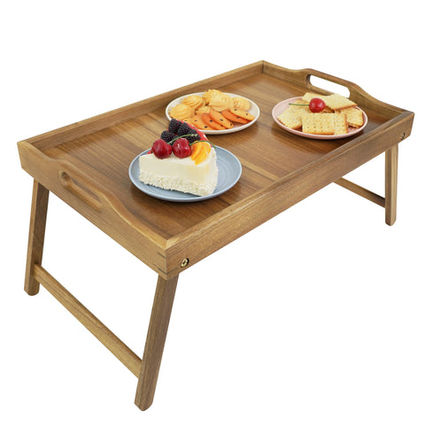 Bandeja Utoplike de acacia para desayunos en cama, con superficie amplia.