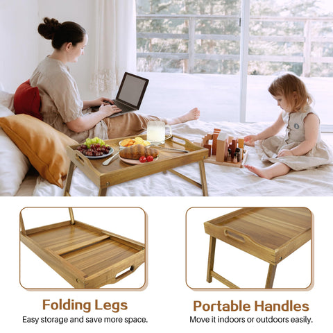 Bandeja Utoplike de acacia con patas plegables para guardarla fácilmente.