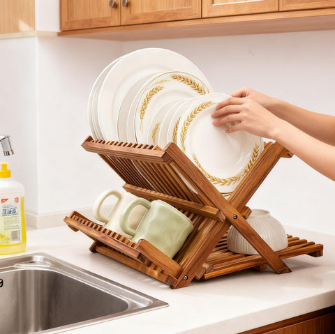 Utoplike escurridor plegable de teca, ahorro de espacio en cocinas pequeñas